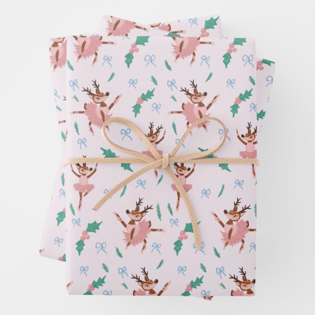 Ballerina Reindeer and Bows Christmas Wrapping Paper Sheets (In situ)