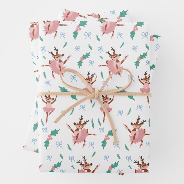 Ballerina Reindeer and Bows Christmas Wrapping Paper Sheets (In situ)