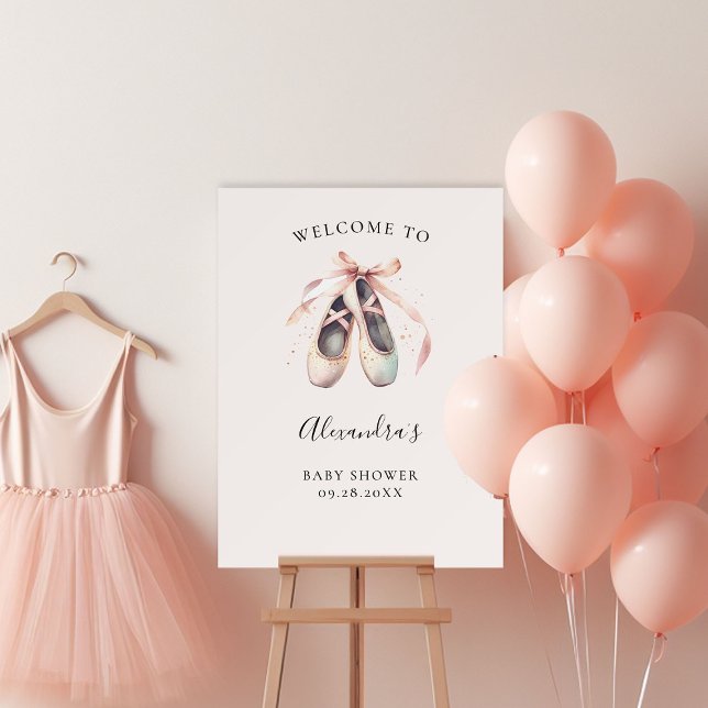 Ballerina Shoes Pink Baby Girl Shower Welcome Sign (ballerina baby shower welcome sign ballet shoes pointe dance pink faux gold glitter elegant classy)
