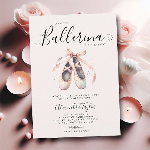 Ballerina Shoes Pink Bow Gold Baby Girl Shower Invitation