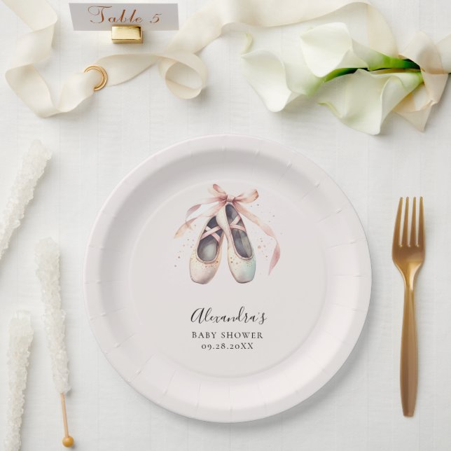 Ballerina Shoes Pink Bow Gold Baby Girl Shower Paper Plates (Wedding)
