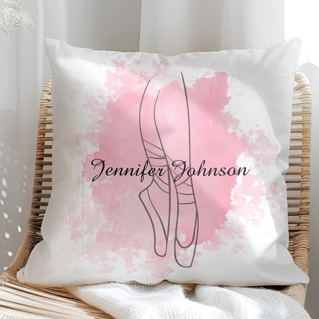 Ballerina Shoes Pink Watercolor with Name  Throw Pillow (Creator Uploaded)