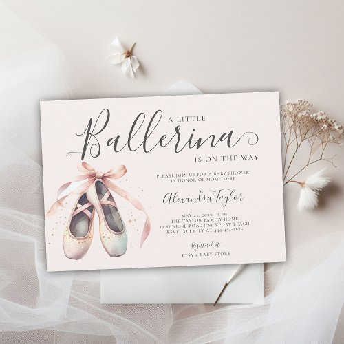 Ballerina Shoes Ribbons Pink Gold Baby Girl Shower Invitation