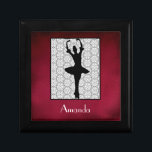 Ballerina Silhouette on a Heart Mandala Pattern Jewelry Box<br><div class="desc">A silhouette of a ballerina posing on the tips of her toes with her hands raised above her head. Surrounded by a lacy looking, black and white heart and flower shaped mandala pattern. Set on a regal red background. Personalize with a name or initials in a fancy art deco font....</div>