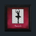 Ballerina Silhouette on a Heart Mandala Pattern Jewelry Box<br><div class="desc">A silhouette of a ballerina posing on the tips of her toes with her hands raised above her head. Surrounded by a lacy looking, black and white heart and flower shaped mandala pattern. Set on a regal red background. Personalize with a name or initials in a fancy art deco font....</div>