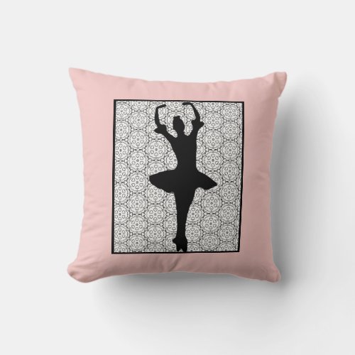 Ballerina Silhouette on a Heart Mandala Pattern Throw Pillow