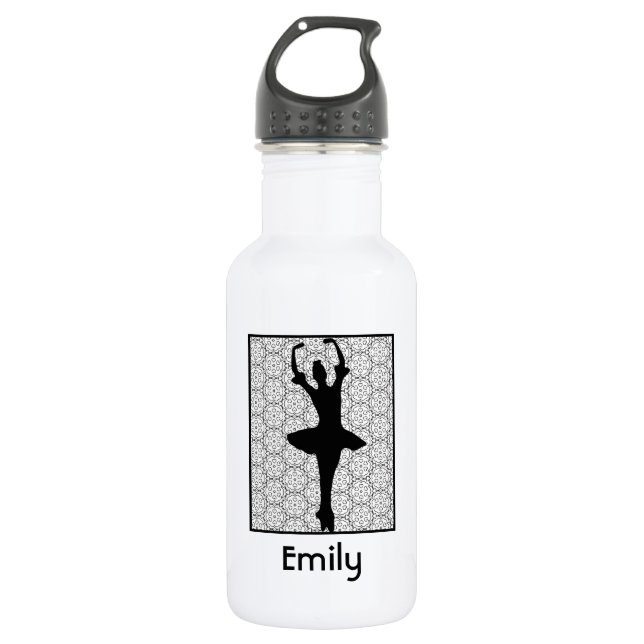 Ballerina Silhouette on a Heart Mandala Pattern Water Bottle (Front)