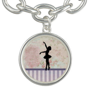 Ballerina Silhouette on Elegant Vintage Pattern Charm Bracelet
