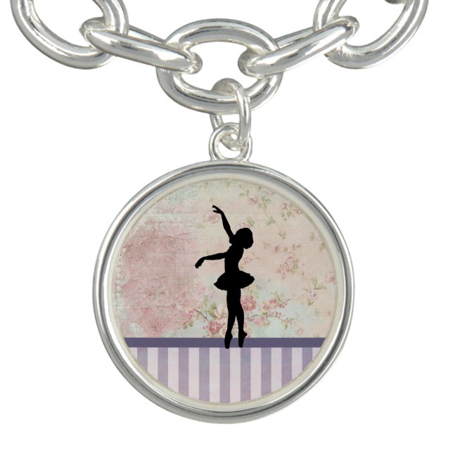 Ballerina Silhouette on Elegant Vintage Pattern Charm Bracelet (Design)