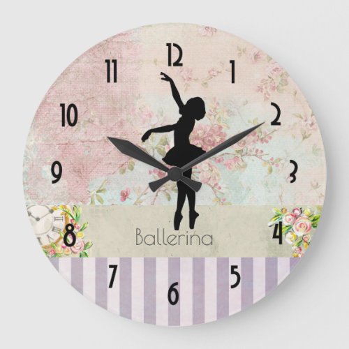 Ballerina Silhouette on Elegant Vintage Pattern Large Clock