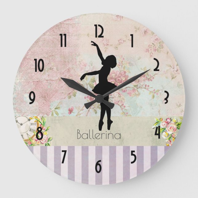 Ballerina Silhouette on Elegant Vintage Pattern Large Clock (Front)