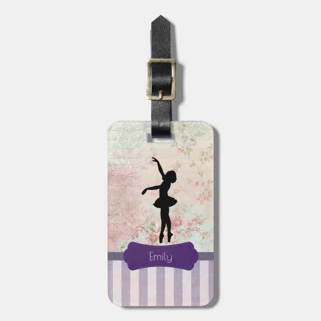 Ballerina Silhouette on Elegant Vintage Pattern Luggage Tag (Front Vertical)