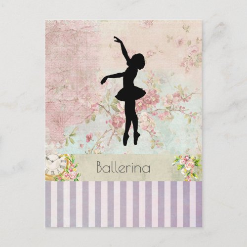 Ballerina Silhouette on Elegant Vintage Pattern Postcard