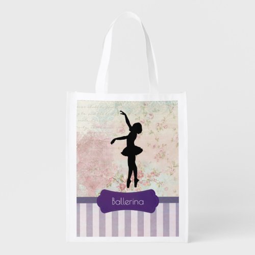 Ballerina Silhouette on Elegant Vintage Pattern Reusable Grocery Bag
