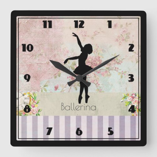 Ballerina Silhouette on Elegant Vintage Pattern Square Wall Clock