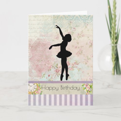 Ballerina Silhouette on Vintage Pattern Birthday Card