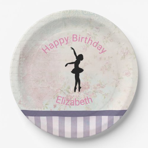 Ballerina Silhouette on Vintage Pattern Birthday Paper Plates