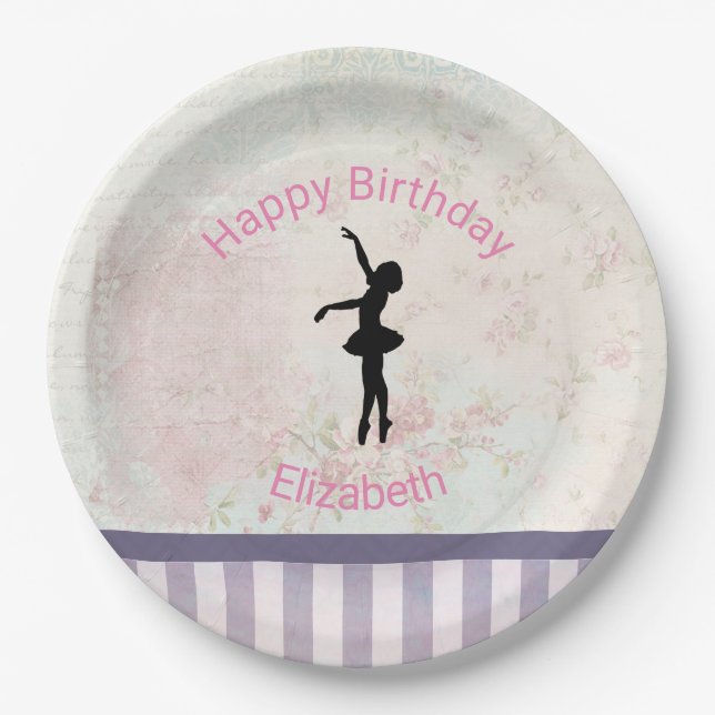 Ballerina Silhouette on Vintage Pattern Birthday Paper Plates (Front)