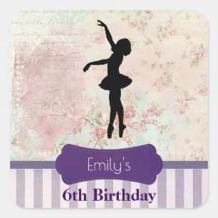 Ballerina Silhouette on Vintage Pattern Birthday Square Sticker