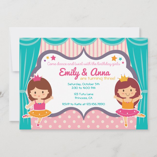 Ballerina Sister Twins Birthday Party Invitation (Front)