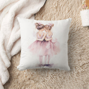 Ballerina Sisters Hugging Ballet Watercolor Pink Throw Pillow