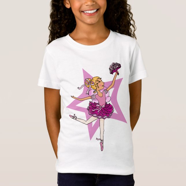 Ballerina star in pink with blonde hair ringer top (Front)