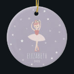 Ballerina Stars Purple Little Girl Christmas Ceramic Ornament<br><div class="desc">Illustration of a pink haired ballerina wearing a tutu and flower crown surrounded by stars over a light purple background.  Personalize the name and year.</div>