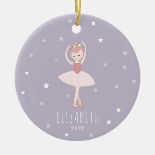 Ballerina Stars Purple Little Girl Christmas Ceramic Ornament