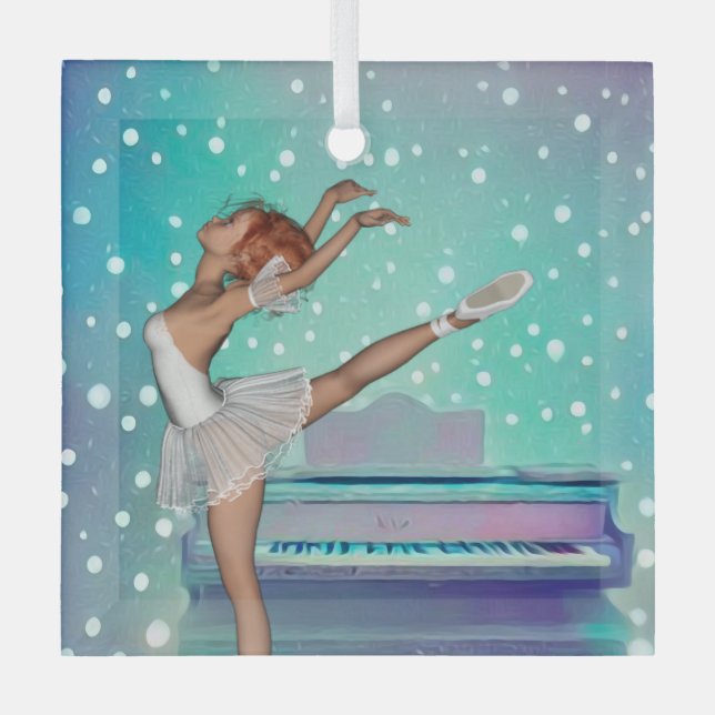 Ballerina & Teal Piano Background Glass Ornament (Front)
