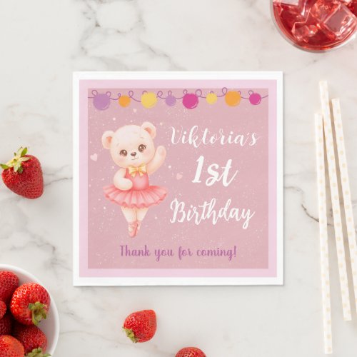 Ballerina Teddy Bear 1st Birthday Party Napkins