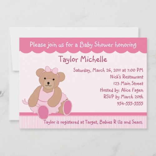 Ballerina Teddy Bear Baby Shower Invitation