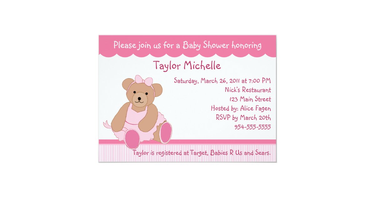 Ballerina Teddy Bear Baby Shower Invitation Zazzle Com
