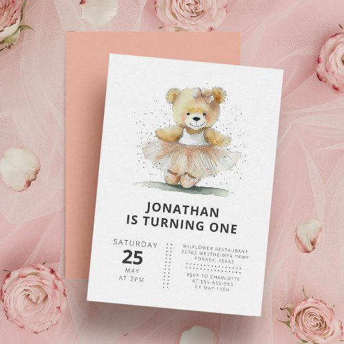 Ballerina Teddy Bear Modern Simple Kids Birthday Invitation