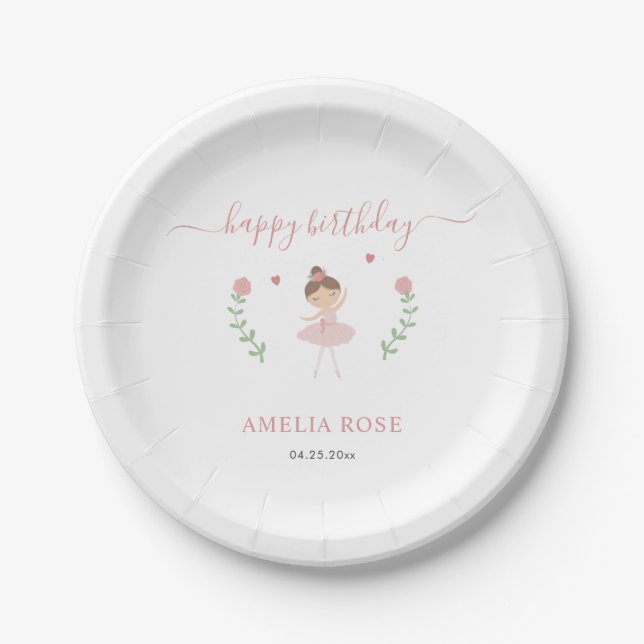 Ballerina Themed Birthday Pink Pastel Cute Paper Plates (Front)