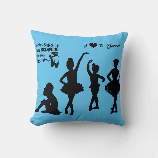 Ballerina throw pillow in blue and black. (Front)