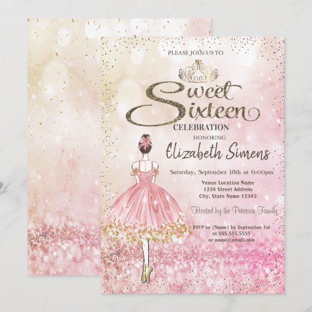 Ballerina,Tiara Princess Bokeh Sweet 16  Invitation (Front/Back)