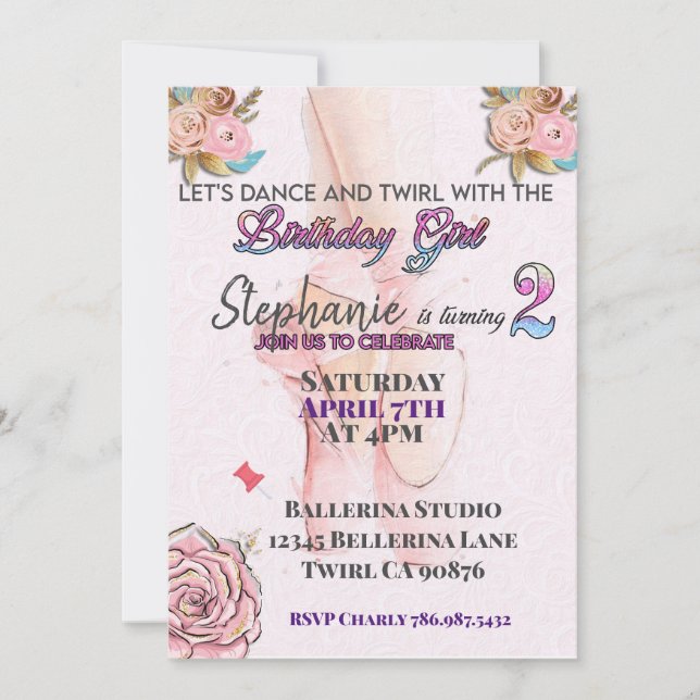 Ballerina turning 2 birthday party invitation (Front)