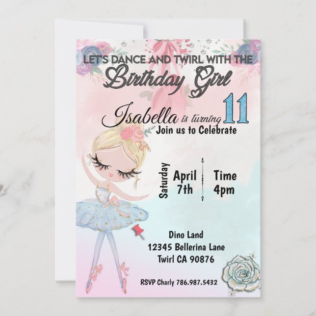 Ballerina turning eleven birthday invitation (Front)