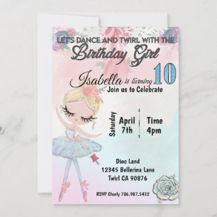 Ballerina turning ten birthday invitation
