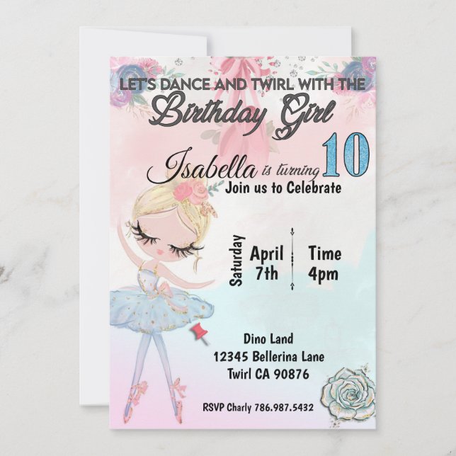 Ballerina turning ten birthday invitation (Front)