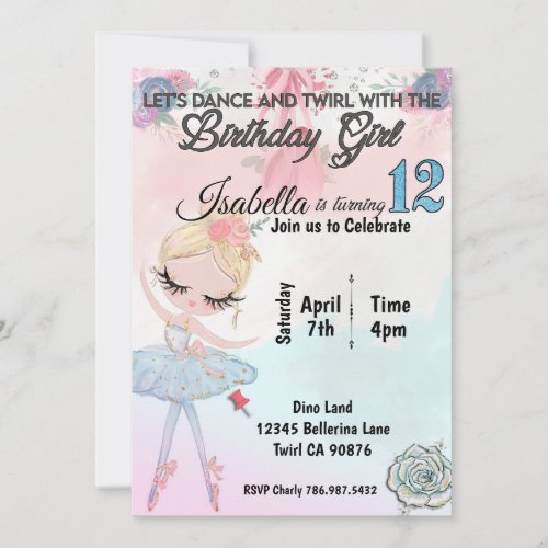 Ballerina turning twelve birthday invitation