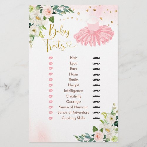 Ballerina Tutu Baby Shower Baby Traits Game