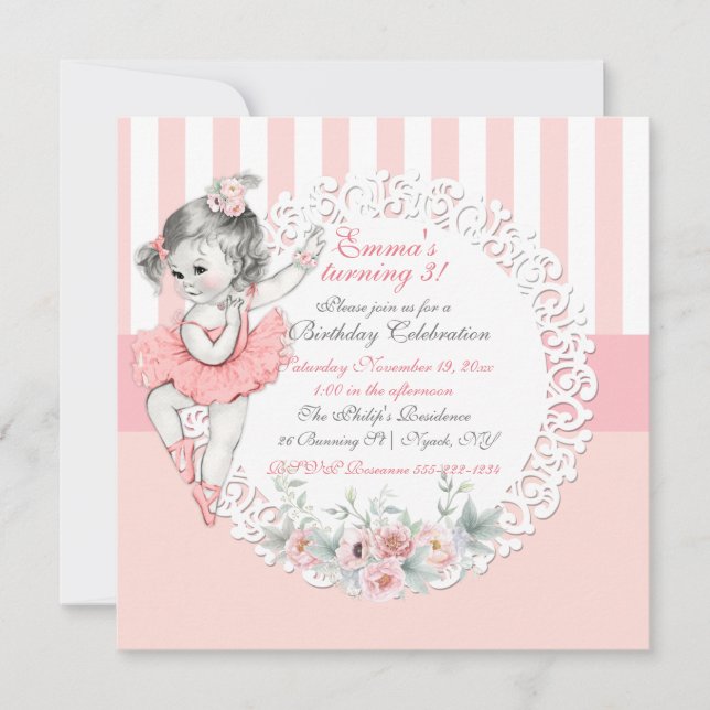 Ballerina Tutu Ballet Pink White Stripes Lace Invitation (Front)