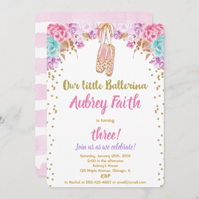 Ballerina tutu birthday invitation pink gold teal (Front/Back)