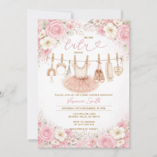 Ballerina Tutu Bow Floral Pink Ribbon Baby Shower Invitation