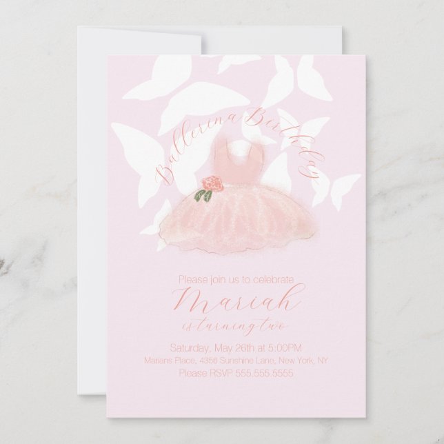 Ballerina Tutu Girl's Birthday Butterflies Invitation (Front)