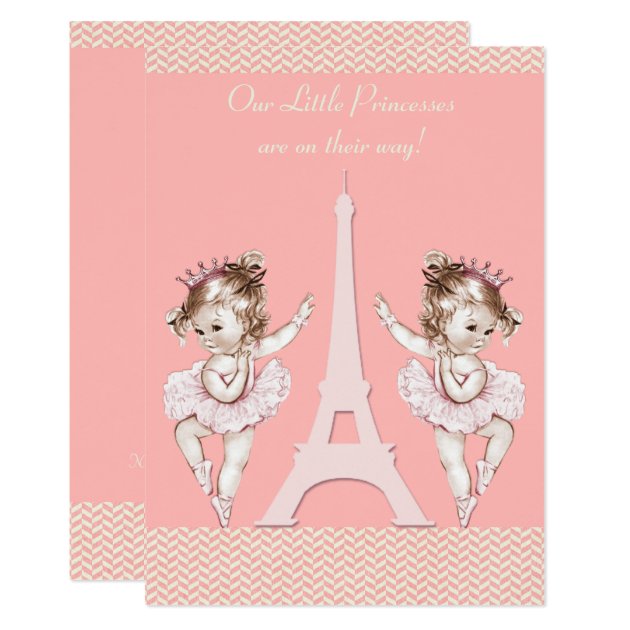 Ballerina Twins Eiffel Tower Chevrons Baby Shower Invitation