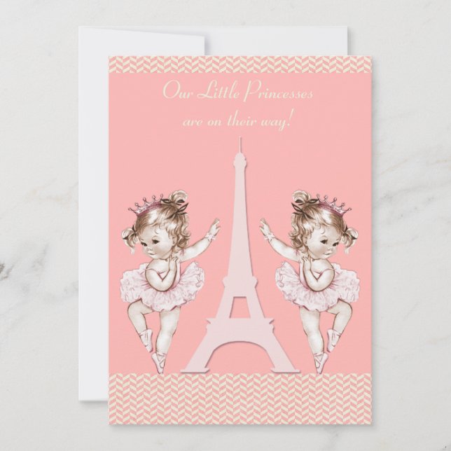 Ballerina Twins Eiffel Tower Chevrons Baby Shower Invitation (Front)