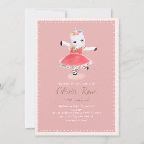 Ballerina Unicorn Pink Girl Birthday Invitation