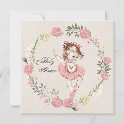 Ballerina Vintage Roses Wreath Baby Shower Invitation